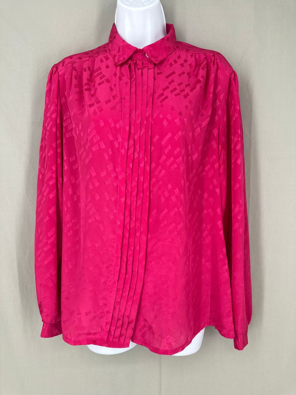80s Vintage Top Womens Medium Pink Button Satin Pintuck Retro Long Sleeve